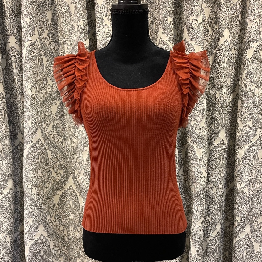 Anthropologie Bailey 44 RUST TULLE CAP SLEEVE RIBBED TOP FALL COLORS - Picture 3 of 10